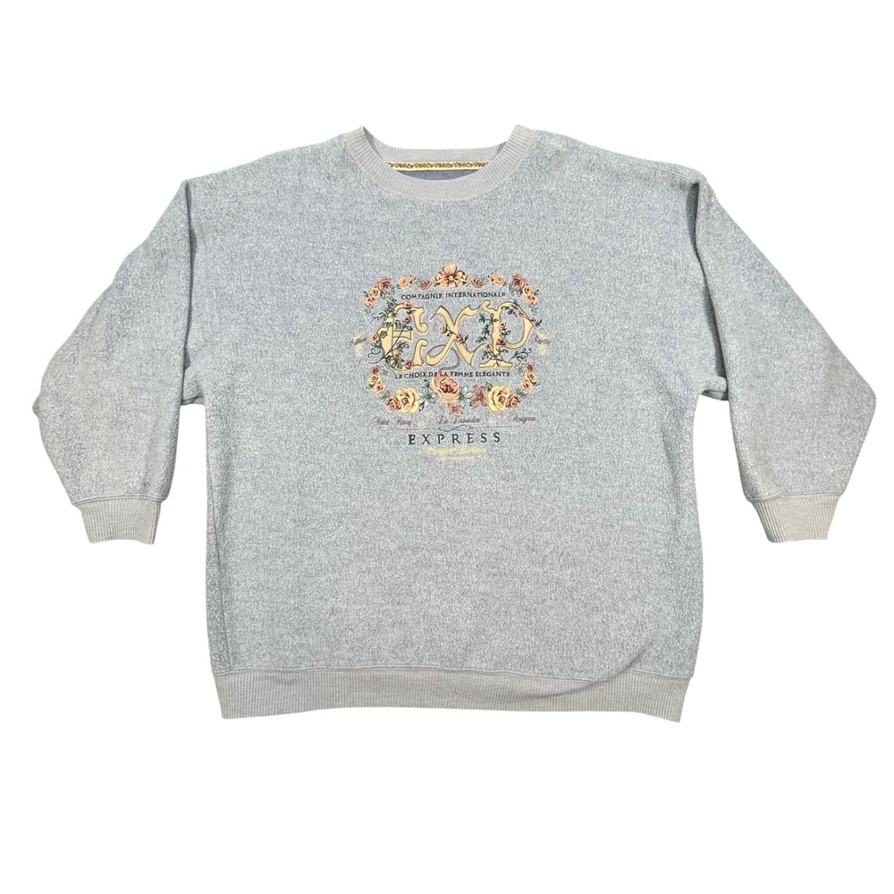 Vtg 80s Express Blue Floral Embroidered Oversized Sweatshirt Women Large